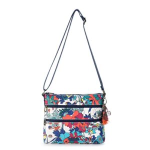 Sakroots Basic Crossbody Bag in Coated Canvas, Multifunctional Purse with Adjustable Strap & Zipper Pockets, Lake Flower Power