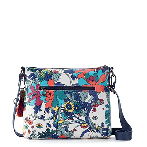 Sakroots Basic Crossbody Bag in Coated Canvas, Multifunctional Purse with Adjustable Strap & Zipper Pockets, Lake Flower Power