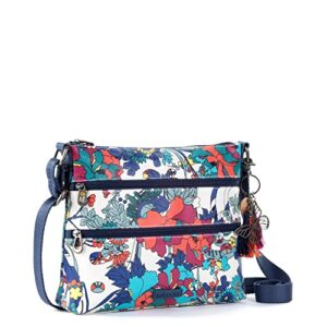 Sakroots Basic Crossbody Bag in Coated Canvas, Multifunctional Purse with Adjustable Strap & Zipper Pockets, Lake Flower Power