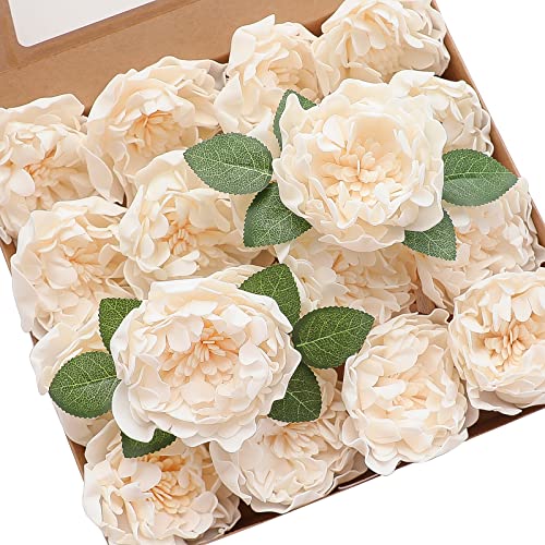 floroom Artificial Flowers 16pcs 4" Cream Blooming Peonies Real Looking Foam Fake Roses with Stems for DIY Wedding Bouquet Bridal Shower Centerpieces Floral Arrangements Party Tables Home Decorations