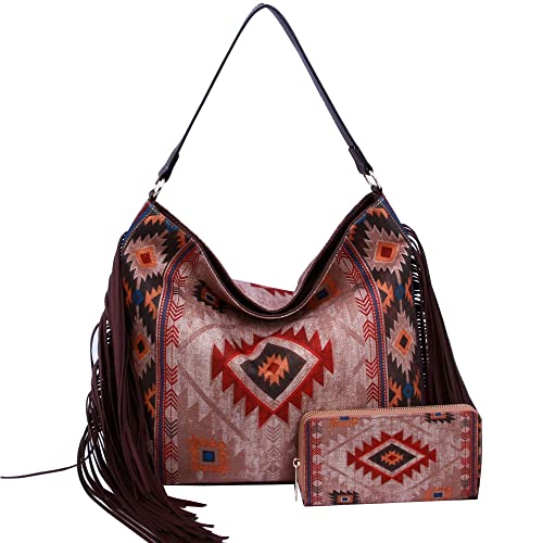 Aztec Tribal Print Canvas Vegan Leather Side Fringe Large Hobo Tote Handbag Wallet Set (Beige)