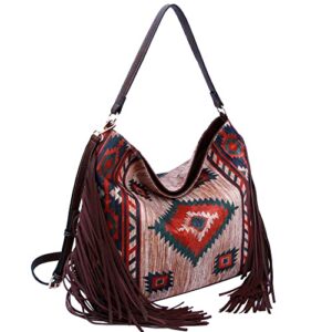 Aztec Tribal Print Canvas Vegan Leather Side Fringe Large Hobo Tote Handbag Wallet Set (Beige)