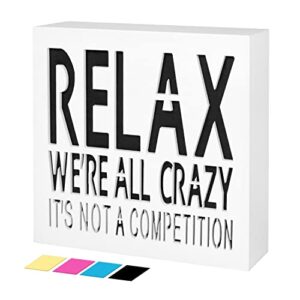 pigort relax we’re all crazy box sign funny quote desk decorative positive wall plaque pallet saying quotes for birthday – presents for friends and family 6 x 6 x 1.8 inches