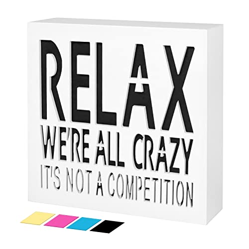 Pigort Relax We're All Crazy Box Sign Funny Quote Desk Decorative Positive Wall Plaque Pallet Saying Quotes for Birthday - Presents for Friends and Family 6 x 6 x 1.8 inches