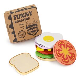 sandwich coasters for drinks, sets of 8 funny wood coasters with non-slip pads, cute coasters for coffee table wooden table, unique birthday housewarming gifts, office home desk decor 4 inch