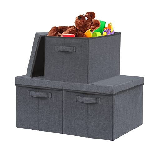 Consmos Large Foldable Fabric Storage Bin with Lids& Dual Handles, Sturdy Cubby Storage Basket for Clothes& Toys, Cube Storage Organizer Bins for Shelves, Closet, Bedroom, Home& Office, Gray 3-Pack