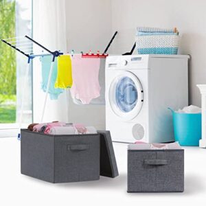 Consmos Large Foldable Fabric Storage Bin with Lids& Dual Handles, Sturdy Cubby Storage Basket for Clothes& Toys, Cube Storage Organizer Bins for Shelves, Closet, Bedroom, Home& Office, Gray 3-Pack