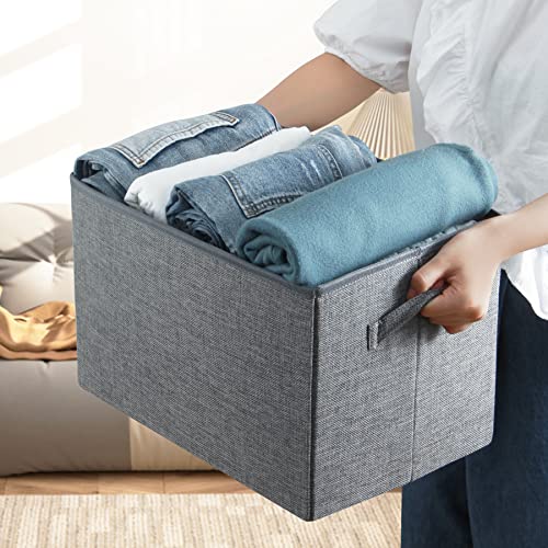 Consmos Large Foldable Fabric Storage Bin with Lids& Dual Handles, Sturdy Cubby Storage Basket for Clothes& Toys, Cube Storage Organizer Bins for Shelves, Closet, Bedroom, Home& Office, Gray 3-Pack