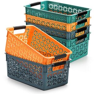 yesland 6 pack plastic storage baskets bins, 10.5 x 6 x 4.75 inch organizing book bins baskets with handle, small stackable plastic basket for classroom or home organizing – orange, blue, green