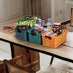 Yesland 6 Pack Plastic Storage Baskets Bins, 10.5 X 6 X 4.75 Inch Organizing Book Bins Baskets with Handle, Small Stackable Plastic Basket for Classroom or Home Organizing - Orange, Blue, Green