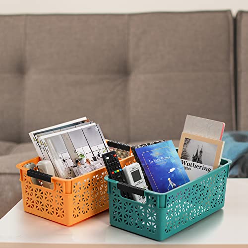 Yesland 6 Pack Plastic Storage Baskets Bins, 10.5 X 6 X 4.75 Inch Organizing Book Bins Baskets with Handle, Small Stackable Plastic Basket for Classroom or Home Organizing - Orange, Blue, Green