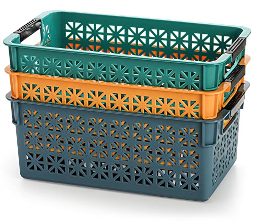Yesland 6 Pack Plastic Storage Baskets Bins, 10.5 X 6 X 4.75 Inch Organizing Book Bins Baskets with Handle, Small Stackable Plastic Basket for Classroom or Home Organizing - Orange, Blue, Green