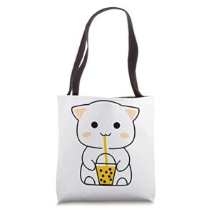 cute anime cat drinking boba adults kids tote bag