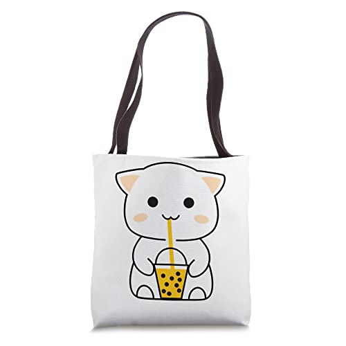 Cute Anime Cat Drinking Boba Adults Kids Tote Bag