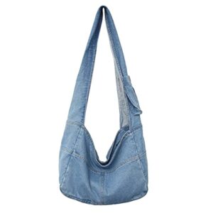 women’s retro denim shoulder bag hobo crossbody handbag grunge aesthetic harajuku tote hippie boho sling bag (light blue)