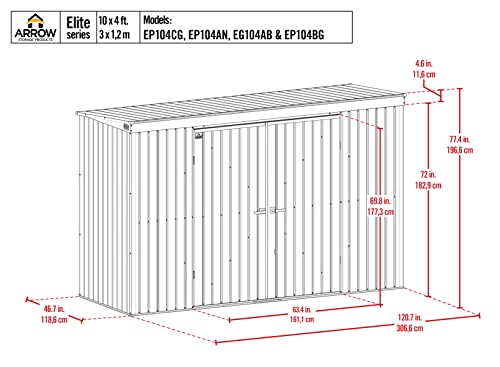 Arrow Shed Elite 10' x 4' Outdoor Lockable Pent Roof Steel Storage Shed Building, Silver