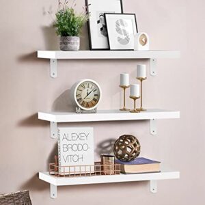 VOGGV Floating Shelves, White Wall Shelf Décor Storage, Wall Mounted Shelves Set of 3, Mdern Floating Shelves with Metal L Brackets for Bedroom, Living Room, Bathroom, Over Toilet, Kitchen