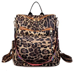 mcwth women backpack purse fashion pu leather ladies handbag, college travel casual shoulder bags (leopard brown)