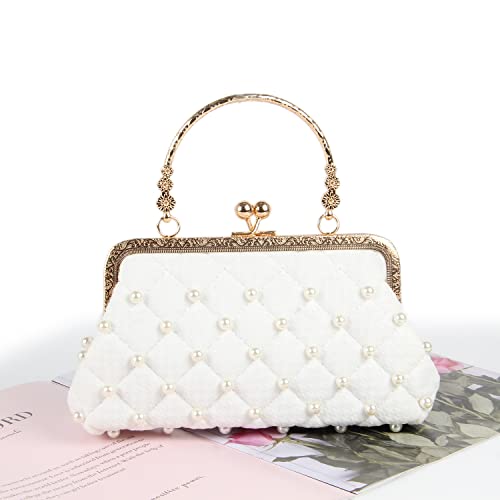 Emprier Women Beaded Evening Handbag Pearl Decoration Cute Clutch Purse Small Bridal Wedding Tote Bags