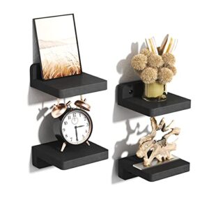sriwatana small floating shelves wall mounted, 4 inch wood shelf for decoration and storage set of 4, mini display shelf for bedroom, bathroom, kitchen, office, black