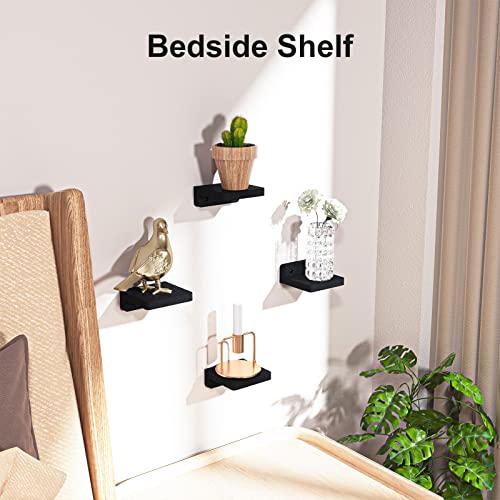 SRIWATANA Small Floating Shelves Wall Mounted, 4 Inch Wood Shelf for Decoration and Storage Set of 4, Mini Display Shelf for Bedroom, Bathroom, Kitchen, Office, Black