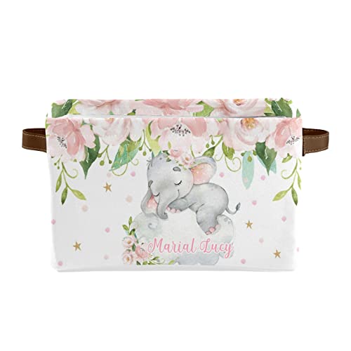 Elephant Pink Floral Personalized Storage Bins Basket Cubic Organizer with Durable Handle for Shelves Wardrobe Nursery Toy 1 Pack