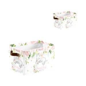 Elephant Pink Floral Personalized Storage Bins Basket Cubic Organizer with Durable Handle for Shelves Wardrobe Nursery Toy 1 Pack