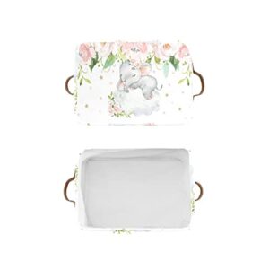 Elephant Pink Floral Personalized Storage Bins Basket Cubic Organizer with Durable Handle for Shelves Wardrobe Nursery Toy 1 Pack