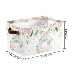 Elephant Pink Floral Personalized Storage Bins Basket Cubic Organizer with Durable Handle for Shelves Wardrobe Nursery Toy 1 Pack