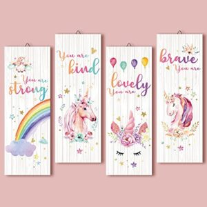 4 pcs unicorn rainbow motivational wall hanging sign for girls children room wall art inspirational quotes wood unicorn hanging plaque bedroom decorations for baby toddler kids teen