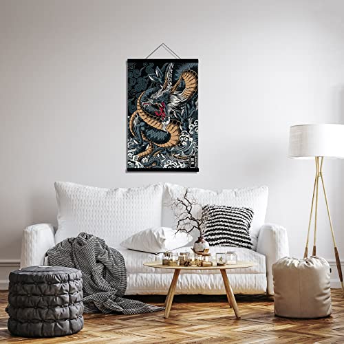 DALIHEBO Japanese Decoration Art Dragon Painting Wall Art canvas Poster Set of 1 Prints Black Can Be Hung Magnetic Wooden Frame (16x24 inch)