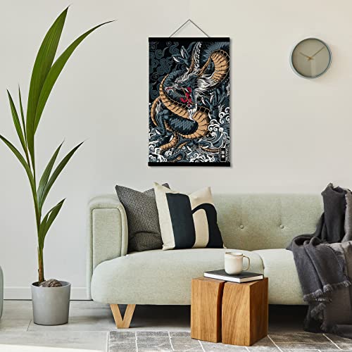 DALIHEBO Japanese Decoration Art Dragon Painting Wall Art canvas Poster Set of 1 Prints Black Can Be Hung Magnetic Wooden Frame (16x24 inch)