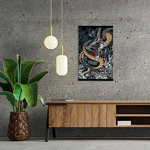 DALIHEBO Japanese Decoration Art Dragon Painting Wall Art canvas Poster Set of 1 Prints Black Can Be Hung Magnetic Wooden Frame (16x24 inch)