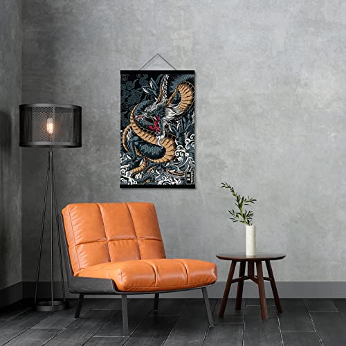 DALIHEBO Japanese Decoration Art Dragon Painting Wall Art canvas Poster Set of 1 Prints Black Can Be Hung Magnetic Wooden Frame (16x24 inch)