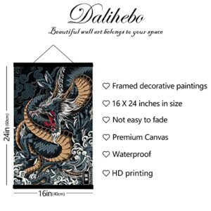 DALIHEBO Japanese Decoration Art Dragon Painting Wall Art canvas Poster Set of 1 Prints Black Can Be Hung Magnetic Wooden Frame (16x24 inch)