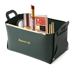 xinshun foldable storage basket bin, faux leather organizer container box with handles,small leather foldable tissue box for desktop or table entryway table key, wallet, watch, coin change