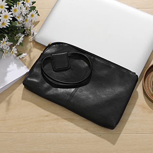 THOVSMOON Wristlet Clutch Purses for Women,Soft Vegan Leather Evening bag with Round handle,Large Zippered Bracelet Clutch (Black)