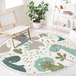 dnewynpabv round rugs dinosaur baby boy childish sweet dino with palm and cactus boho area rug linen and cotton carpet meditation rug washable hallway runner mat accent rug for bedroom bathroom 4ft