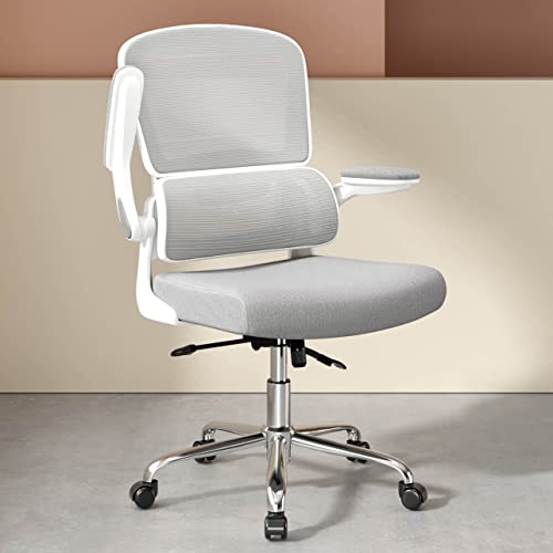 Logicfox Ergonomic Office Chair, Comfortable Office Chair with Flip-up Arms, Adaptive Lumbar Support, Mesh Computer Chair with Thick Cushion, White Office Desk Chair with 90°-130° Tilt Function