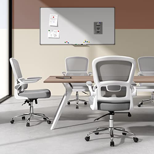 Logicfox Ergonomic Office Chair, Comfortable Office Chair with Flip-up Arms, Adaptive Lumbar Support, Mesh Computer Chair with Thick Cushion, White Office Desk Chair with 90°-130° Tilt Function