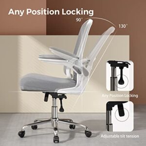 Logicfox Ergonomic Office Chair, Comfortable Office Chair with Flip-up Arms, Adaptive Lumbar Support, Mesh Computer Chair with Thick Cushion, White Office Desk Chair with 90°-130° Tilt Function