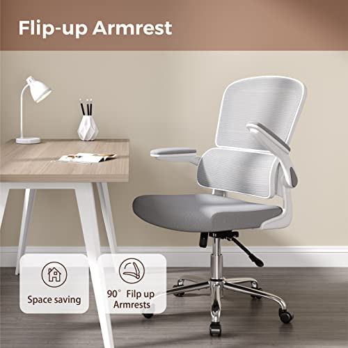 Logicfox Ergonomic Office Chair, Comfortable Office Chair with Flip-up Arms, Adaptive Lumbar Support, Mesh Computer Chair with Thick Cushion, White Office Desk Chair with 90°-130° Tilt Function