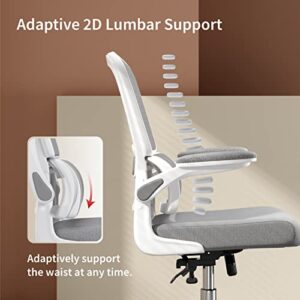 Logicfox Ergonomic Office Chair, Comfortable Office Chair with Flip-up Arms, Adaptive Lumbar Support, Mesh Computer Chair with Thick Cushion, White Office Desk Chair with 90°-130° Tilt Function