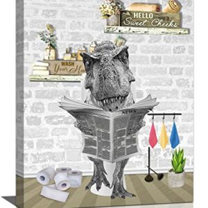 Funny Bathroom Wall Art Dinosaur on Toilet Bathroom Pictures for Wall Animal Dino Bathroom Decor Canvas Print Framed Painting Artwork Bathroom Deocration Signs Ready to Hang 12x16 in