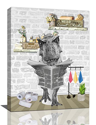 Funny Bathroom Wall Art Dinosaur on Toilet Bathroom Pictures for Wall Animal Dino Bathroom Decor Canvas Print Framed Painting Artwork Bathroom Deocration Signs Ready to Hang 12x16 in