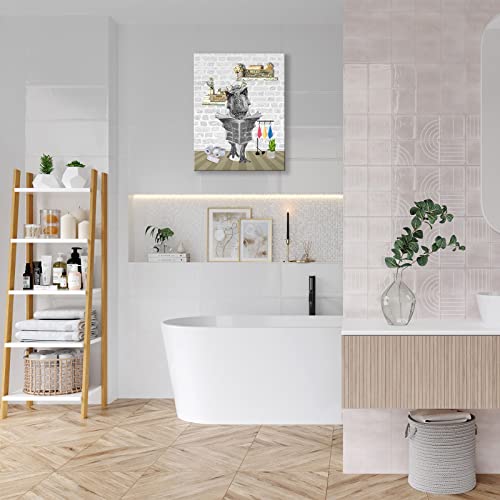 Funny Bathroom Wall Art Dinosaur on Toilet Bathroom Pictures for Wall Animal Dino Bathroom Decor Canvas Print Framed Painting Artwork Bathroom Deocration Signs Ready to Hang 12x16 in