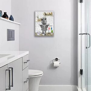 Funny Bathroom Wall Art Dinosaur on Toilet Bathroom Pictures for Wall Animal Dino Bathroom Decor Canvas Print Framed Painting Artwork Bathroom Deocration Signs Ready to Hang 12x16 in