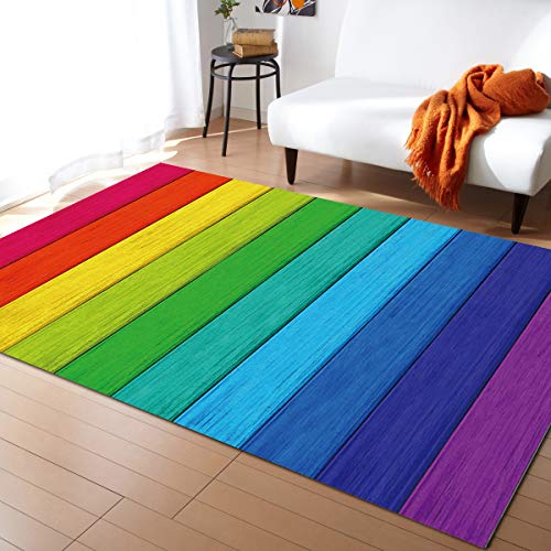 Multicolor Vintage Retro Rural Farm Wood Grain Area Rug 3'x5',Outdoor Indoor Small Carpet Runner for Kids Teen Girls Boys Bedroom,Living Room,Bathroom,Classroom,Kitchen,Rainbow Color Washable Area+Rug