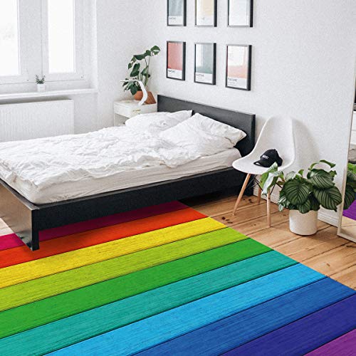 Multicolor Vintage Retro Rural Farm Wood Grain Area Rug 3'x5',Outdoor Indoor Small Carpet Runner for Kids Teen Girls Boys Bedroom,Living Room,Bathroom,Classroom,Kitchen,Rainbow Color Washable Area+Rug