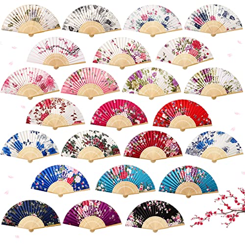 24 Pieces Floral Folding Hand Fans for Women Foldable Vintage Fan with Different Flower Patterns Chinese Fan with Bamboo Rib Hand Held Fans for Adults Hand Folding Fan for Wedding Party Favors Gifts